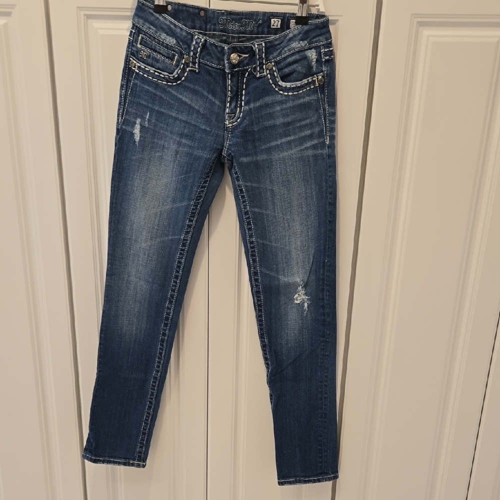 Miss Me Medium Dark Blue Skinny Jeans with White Contrast Stitching